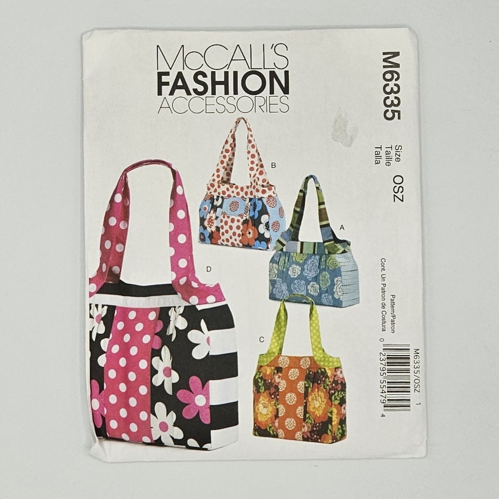 McCalls lined bags inside pocket snap‎ closure M6335 uncut New from 2011